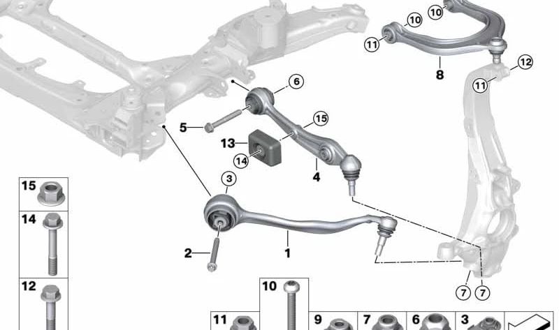 Brazo de suspensión inferior izquierdo OEM 31108833465 para BMW G18, G18N. Compatible con modelos i20, X5. Repuesto original BMW.