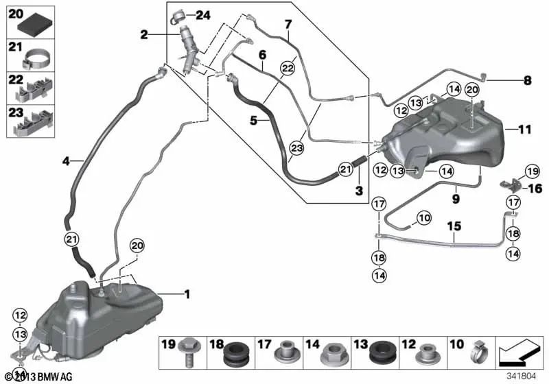 Conducto de purga depósito activo OEM 16197332266 para BMW 3' F30, F30 LCI, F31, F31 LCI. Original BMW.