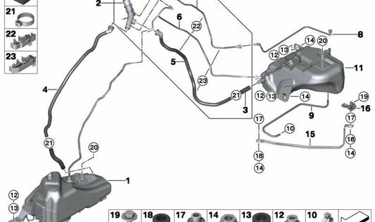Tubo de retorno de combustible OEM 16197331695 para BMW F30, F30N, F31, F31N. Original BMW.