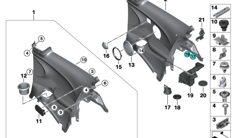 Moldura altavoz plástico derecho Carbon Black OEM 51437365716 para MINI F56, F56 BEV, F56 LCI, F56 BEV LCI. Original MINI.