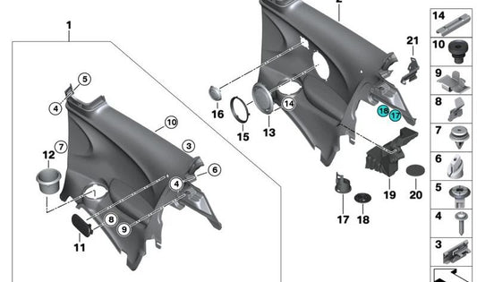 Revestimiento lateral trasero izquierdo OEM 51437393085 para MINI F56, F56 BEV, F56 LCI, F56 BEV LCI. Original MINI.
