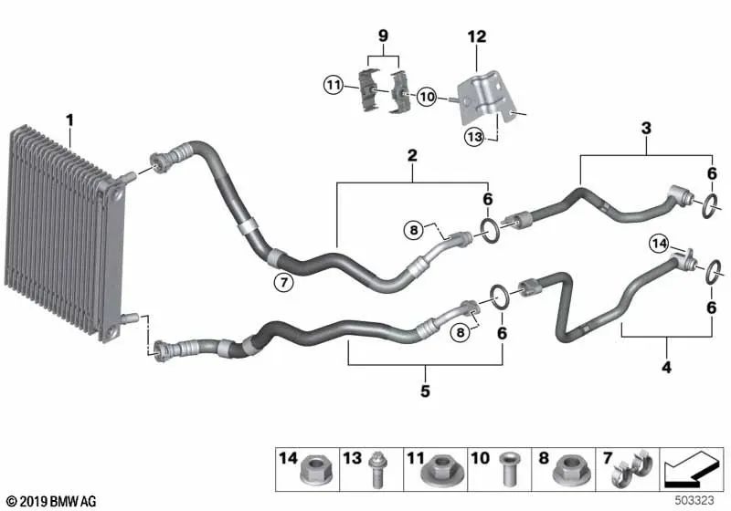 Tuyau de refroidissement d'huile moteur vers l'avant pour BMW F95, F96 (OEM 17228097222). BMW d'origine.