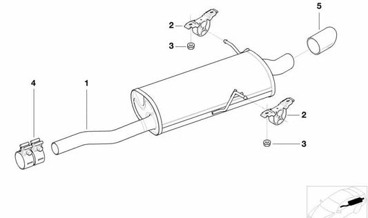 Silenciador trasero OEM 18107501686 para BMW E46 316i (modelos AL11, AL12, AL21, AL22, AL51, AN72, AN82, ER11, ER12, ER21). Original BMW.