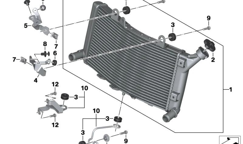 Support supérieur droit du radiateur OEM 17117923849 pour BMW Motorrad F 750 GS, F 800 GS, F 850 GS, F 900 GS, F 900 GS SF, F 850 GS Adventure, F 900 GS Adventure. BMW original Motorrad.