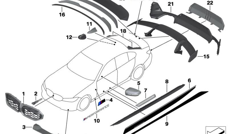 Alerón delantero izquierdo en carbono OEM 51195A4B369 para BMW Serie 3 G20. Pieza original BMW M Performance, parte del kit aerodinámico. Mejora estética y rendimiento. Solo compatible con modelos G20. Original BMW.