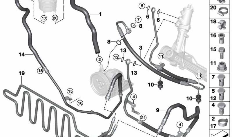 Tubo de aspiración dirección hidráulica OEM 32416764781 para BMW E90, E91, E92, E93 (325d, 330d). Compatible con versiones manuales y automáticas. Original BMW.