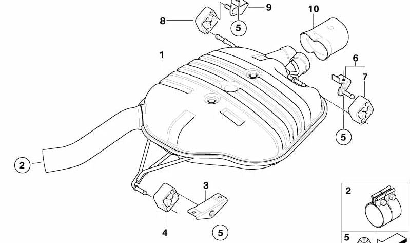 Rear Silence OEM 18307571477 for BMW 5 Series {E60, E61} models 520i and 520li. Compatible with N46 and N43 engines. Original BMW.