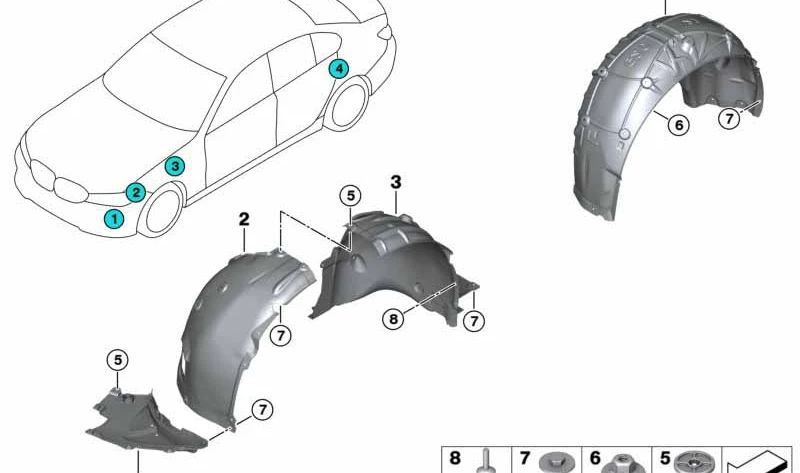 Cubierta interior paso de rueda trasero izquierda OEM 51718098221 para BMW G42. Original BMW.