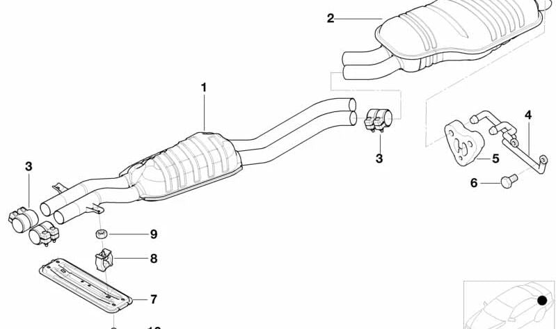 Silencioso trasero OEM 18307798130 para BMW E46 330Cd (BW91, BW92) con motor M57T y cambio manual. Compatible con modelos fabricados entre 04/2005 y 08/2006. Original BMW.