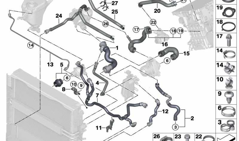 Manguera de refrigerante OEM 17127578403 para BMW F10, F11, F18, F01, F01N, F02, F02N. Original BMW.