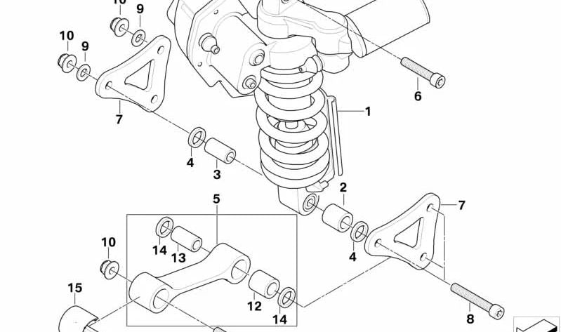 Amortiguador trasero OEM 33537714507 para BMW Motorrad R1200GS (K25), R1200GS Adv (K25), R1200RT (K26), R900RT (K27), HP2 Enduro (K25), HP2 Megamoto (K25). Original BMW Motorrad.