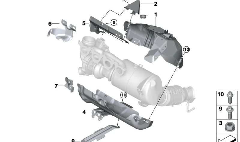 Protector térmico colector escape OEM 11655A55ED0 para BMW F40 (128ti, M135i xDrive), F44 (M235i xDrive), X2 F39 (M35i) y MINI F54 JCW. Original BMW y MINI.