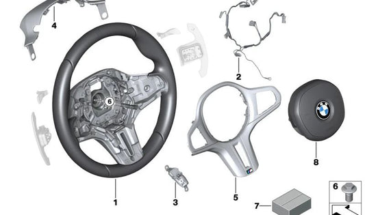 Embellecedor central para volante OEM 32309503440 para BMW F90, G09. Compatible con volantes M Sport y airbag Alcántara. Original BMW.