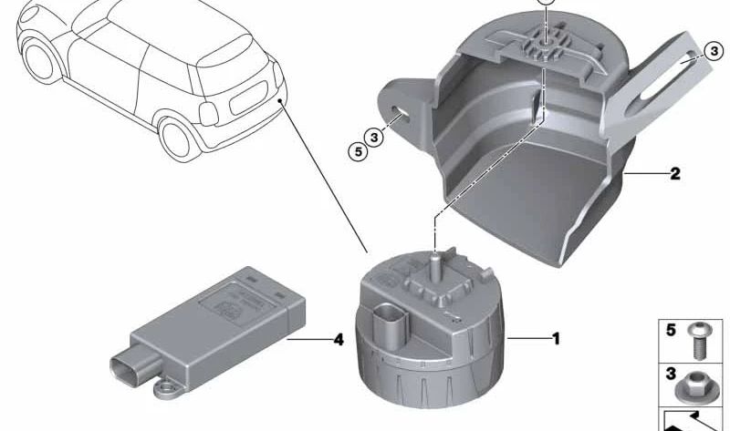 Soporte izquierdo OEM 65759352355 para MINI F54 (Cooper, Cooper D). Compatible con versiones manuales y automáticas. Parte del sistema de alarma antirrobo. Original MINI.