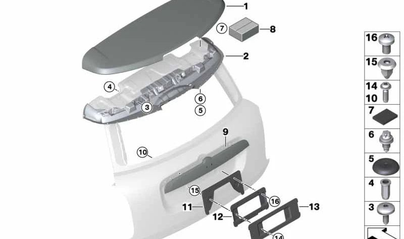 Plateau inférieur de becquet de capot arrière OEM 51627391256 pour MINI Countryman F60, F60 LCI. MINI d'origine.