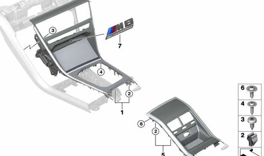 Emblema decorativo "M8 Competition" OEM 51168099567 para BMW F91, F92, F93. Pieza original BMW para embellecer la consola central.