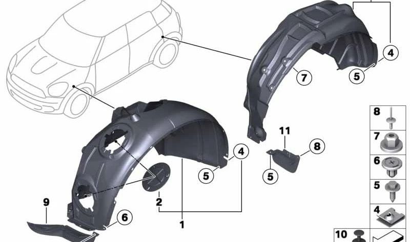 Recubrimiento cubrerueda delantero derecho OEM 51719807832 para MINI Countryman R60, Paceman R61. Original MINI.
