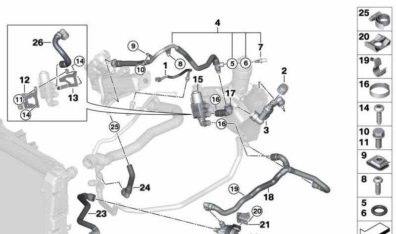 Electric water pump support 11538514440 for BMW E81, E82, E87, E88, E90, E91, E92, E93, F07, F10, F11, F18, F01, F02, F03, F04, X1 E84, X3 F25, Z4 E89. Original BMW.
