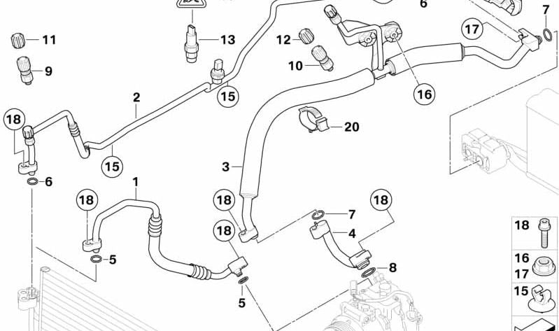 Tubo de aspiração de ar condicionado OEM 64509184102 para BMW E60, E61 (525D com motor M57). BMW original.