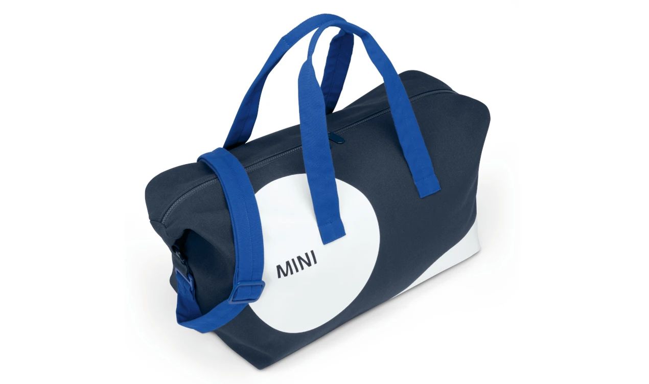 Detalhe da face do carro Bolsa de viagem azul índigo/branca OEM 80225B320D2 para BMW e MINI. MINI originais.