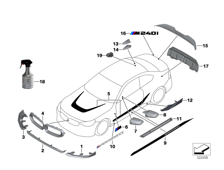 Alerón trasero M Performance carbono OEM 51195A36950 para BMW G42 y G87 {218i, 220d, 220i, 230i, M240i}. Requiere paquete M o aerodinámico. Original BMW.
