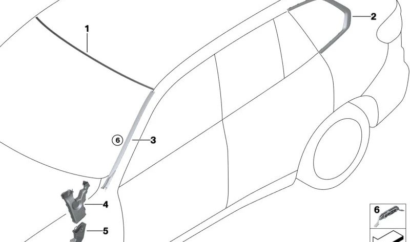 Tira embellecedora del parabrisas izquierda pintada OEM 51317463527 para BMW G05, G05N, F95, F95N, G18, G18N. Original BMW.