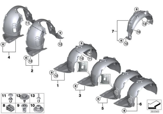 Recubrimiento cubrerueda trasero derecho OEM 51717290796 para BMW Serie 2 F45, F46, Active Tourer, Gran Tourer... y más. Original BMW.