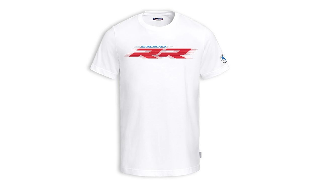 Camiseta blanca RR para BMW Motorrad S1000RR. Original BMW Motorrad. Diseño deportivo con gráficos RR, logo BMW Motorsport y estampado trasero. Disponible en tallas S a 3XL. 100% algodón. Ideal para fans de la gama RR.