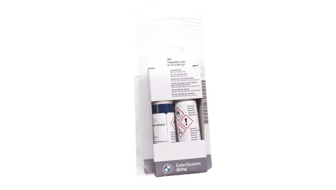 Set de retoque pintura Topasblau metallic OEM 51910302251 para BMW F20, F21, F30, F31, F32, F33, F36, F10, F11, F07, X1 E84, X3 F25, X4 F26. Ideal para arañazos y golpes. Original BMW.