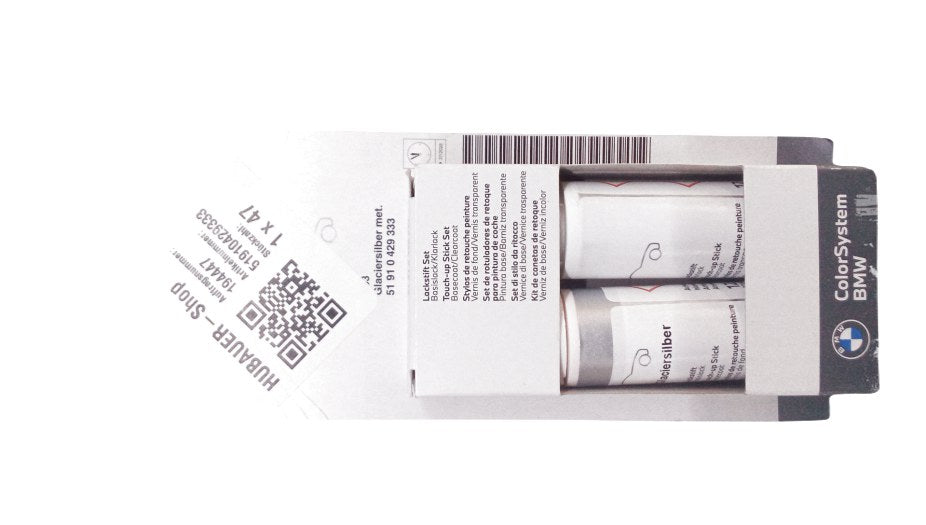 Set de lápiz de pintura Glaciersilber metallic OEM 51910429333 para BMW {E81,E82,E87,E88,E90,E91,E92,E93,F01,F02,F10,F11,F12,F13,F20,F21,F25,F30,F31,F32,F34,F36,F45,F46,G30,G31,X1,X3,X5,Z4}. Original BMW.