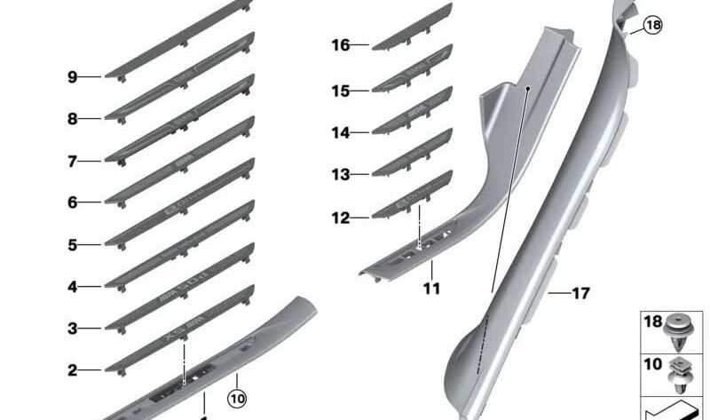 Tapa embellecedora derecha del umbral de puerta trasera OEM 51477344240 para BMW F15. Original BMW.