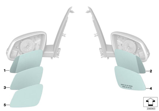 Specchio angolare sinistro in vetro senza riscaldamento OEM 51167377971 per BMW F45, F45N, F46, F46N, F48, F48N, F49N. Sostituzione BMW originale.