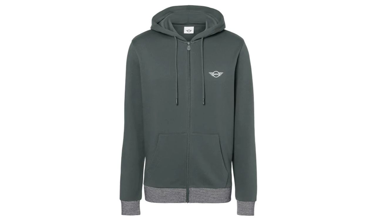 Sweat-shirt avec fermeture éclair et Hood Mini OEM 80145A21628, conception rayée en poings et basse, coton biologique, sauge verte, pour hommes. Compatible avec tous les mini-modèles. Mini d'origine.