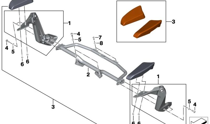 Cojines para reposabrazos del pasajero OEM 77258568473 para BMW Motorrad K 1600 Bagger (0F51, 0F61). Original BMW Motorrad.