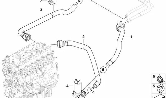 Manguera retorno calefacción OEM 64216928595 para BMW E90, E91, E92, E93 (325d, 330d) con motor M57S. Compatible con versiones manuales y automáticas. Original BMW.