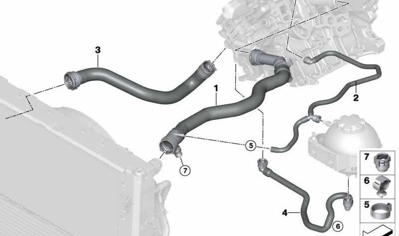 Manguera de radiador OEM 17127635794 para BMW F20, F21, F22, F23, F30, F31, F32, F36. Original BMW.