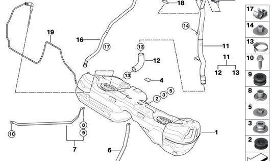 Tubo de llenado de combustible OEM 16117203751 para BMW E90, E91, E92, E93 (316i con motor N43/N45). Recambio original BMW.