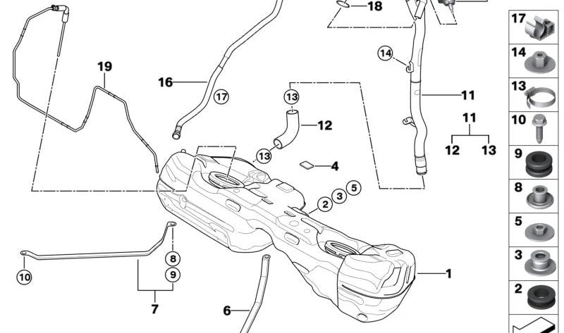 Depósito de combustible de plástico OEM 16117163293 para BMW E90, E90N, E91, E91N, E92, E92N, E93, E93N, E84. Original BMW.