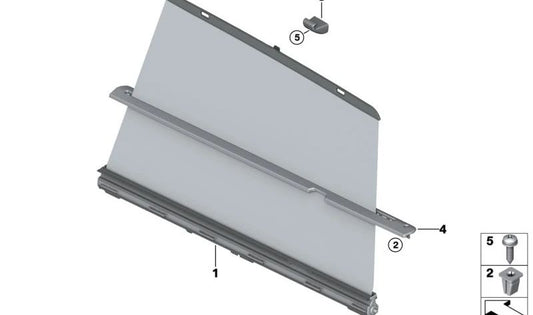 Cortinilla parasol trasera izquierda OEM 51357373633 para BMW X5 (F15, F85). Protección solar interior puerta trasera izquierda. Original BMW.