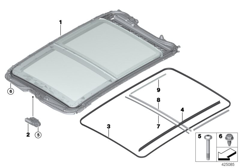 Junta de tapa de cristal trasera OEM 54107391795 para BMW F45, F46, F48. Compatible con versiones con techo panorámico eléctrico. Recambio original BMW.