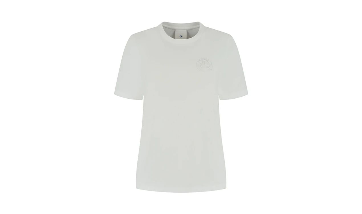 Camiseta blanca para mujer con logo original BMW OEM 80145B5F4E0. Algodón 100%, diseño de BMW en el pecho. Ideal para fans de BMW. Tallas de XS a XL. Original BMW.
