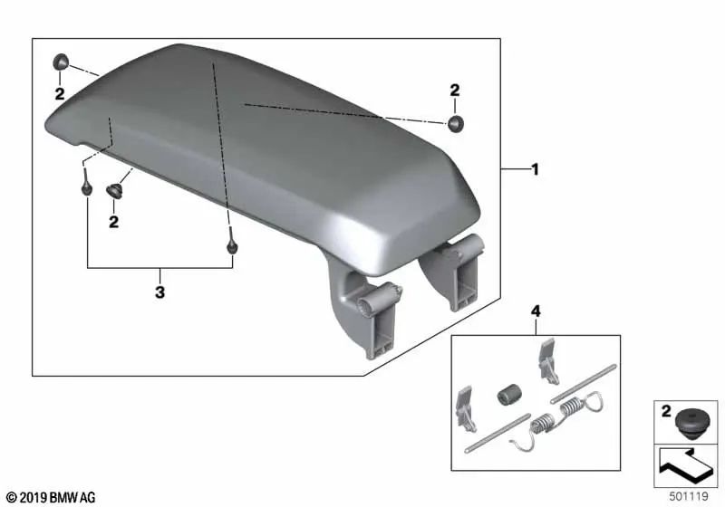 Center Armrest Lid Stopper for BMW F40, F44 (OEM 51169418776). Original BMW