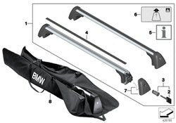Barras de techo para BMW F45, F31. Original BMW. Soporte multifunción para portaequipajes, portabicis o caja de techo. OEM 82712350124. Compatibles con modelos con raíles en el techo. Montaje sin herramientas.