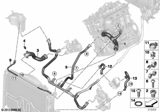 Upper radiator hose OEM 17127531768 for BMW E82, E88, E90, E91, E92, E93, X1 E84... and more. Genuine BMW.