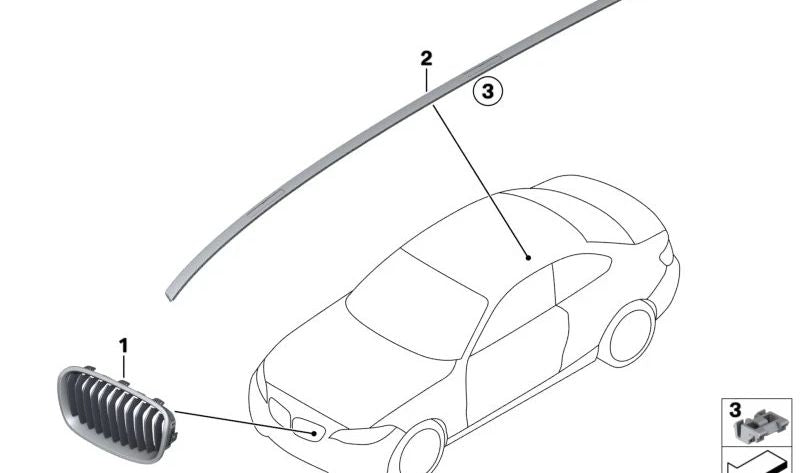Rejilla embellecedora delantera derecha OEM 51117464484 para BMW F22, F22N, F23, F23N. Original BMW.