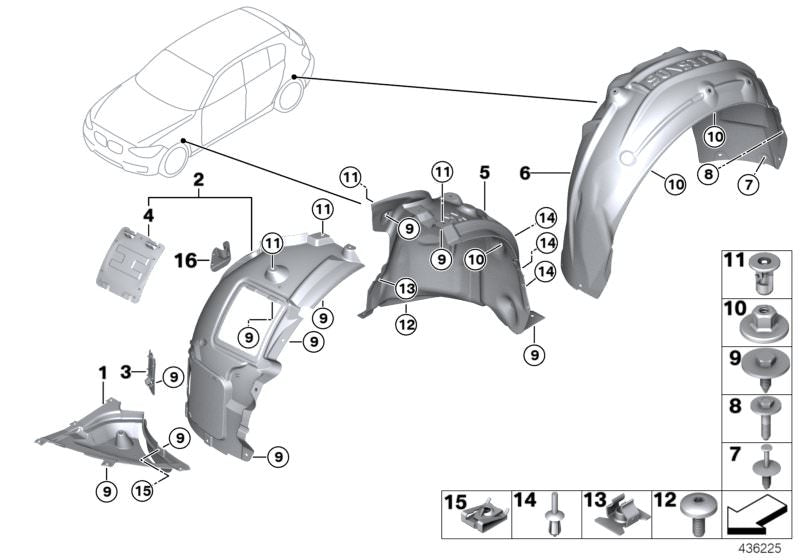 Carcasa interior paso de rueda delantera derecha OEM 51717260710 para BMW F20, F21, F22, F23. Pieza original BMW.