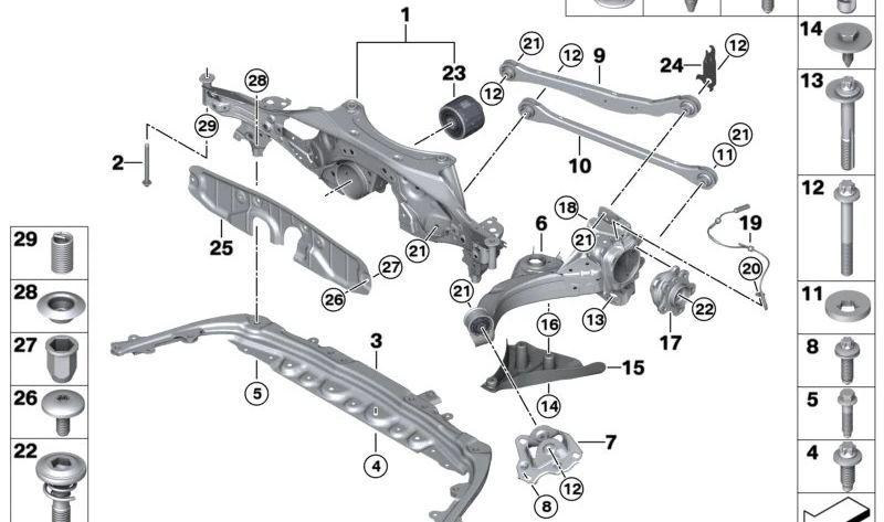 Cojinete trasero OEM 33369894732 para BMW Serie 2 U06 (225e, 230e xDrive) y BMW X1 U11 (xDrive25e, xDrive30e, iX1 xDrive30). Original BMW.