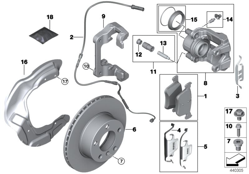 Juego de clips de retención para pinzas de freno OEM 34112359854 con logo BMW para BMW F20, F21, F22, F23, F30, F31, F32, F33, F36. Delantero y trasero. Original BMW.