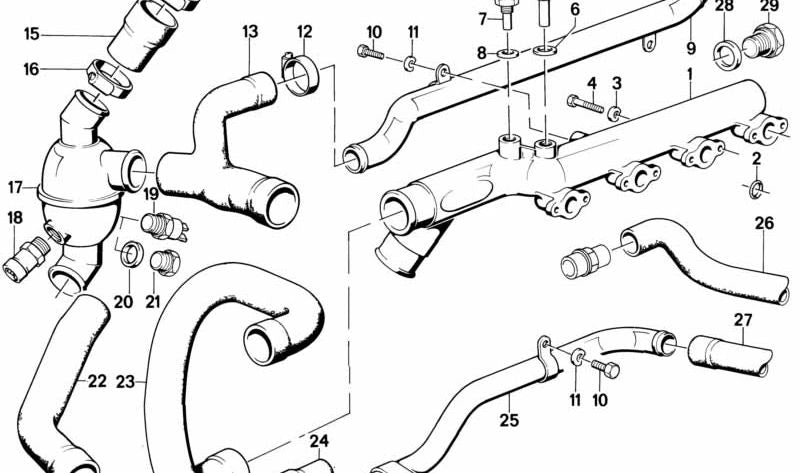 Conector de agua OEM 11531309756 para BMW E30. Pieza del sistema de refrigeración (termostato/conducción de agua). Original BMW.