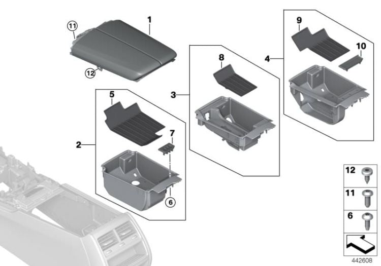 Reposabrazos de cuero delantero central OEM 51166993219 para BMW Serie 7 G11, G12. Original BMW.